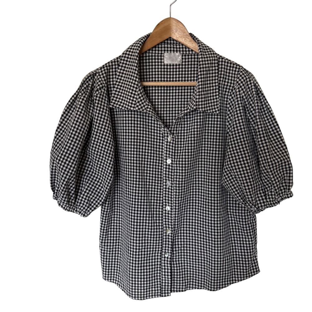 Heroes & Dreamers Gingham Top Women S Black White Exc. Puff Sleeve Button Up